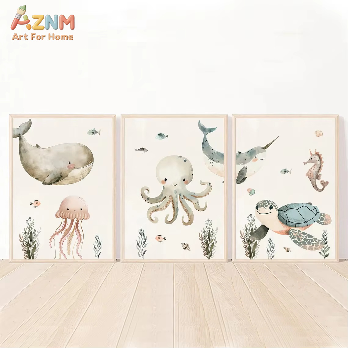 Baby Nursery Animal Prints - AZNM Watercolor Cute Ocean Animal Canvas