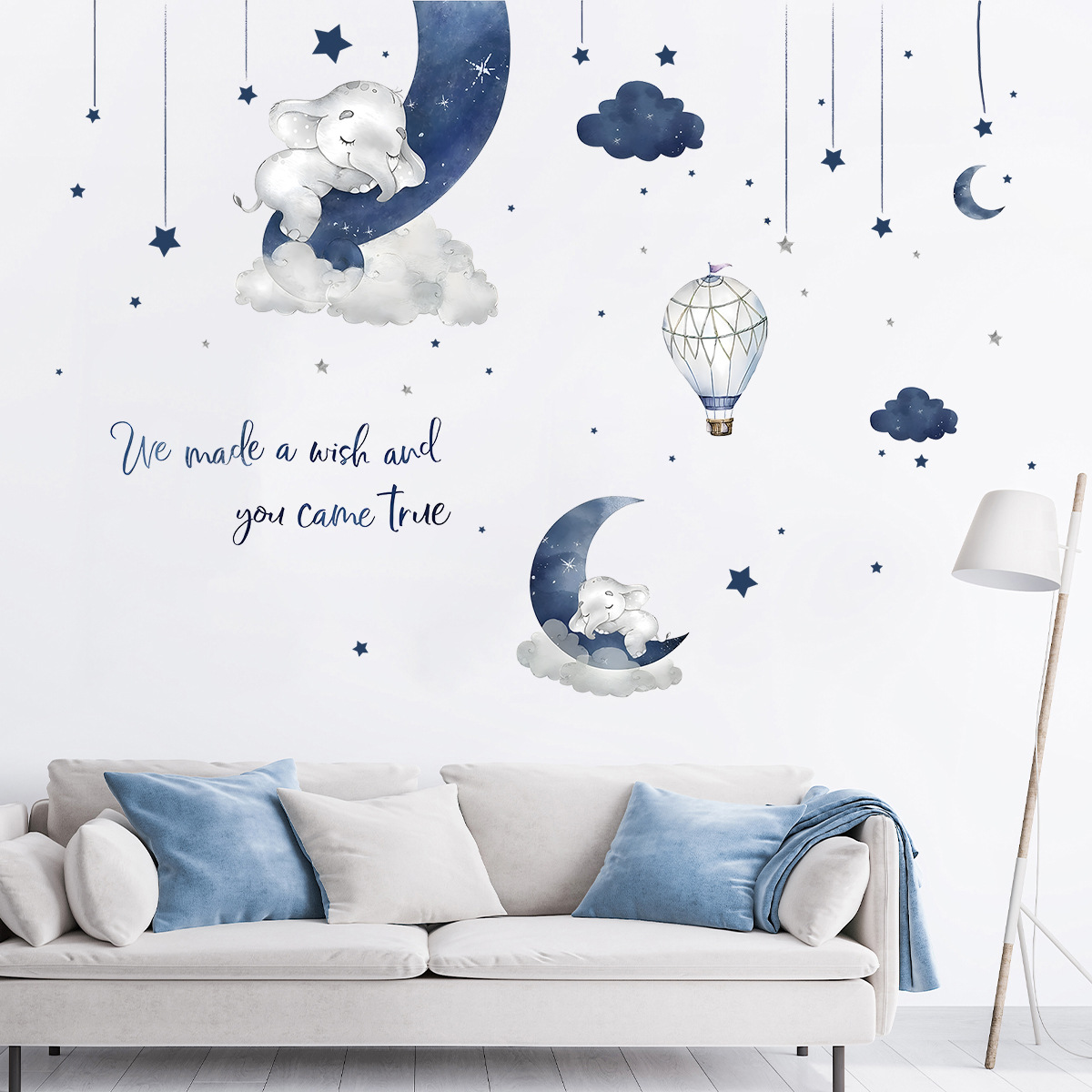 Baby Nursery Wall Stickers - Cartoon Elephant Moon Stars Wall Stickers