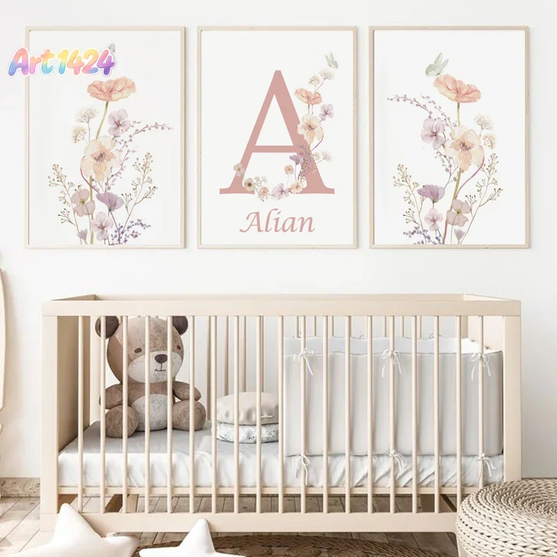 Baby Nursery Name Wall Art - Personalized Name Wildflower Nursery Decoration Poster