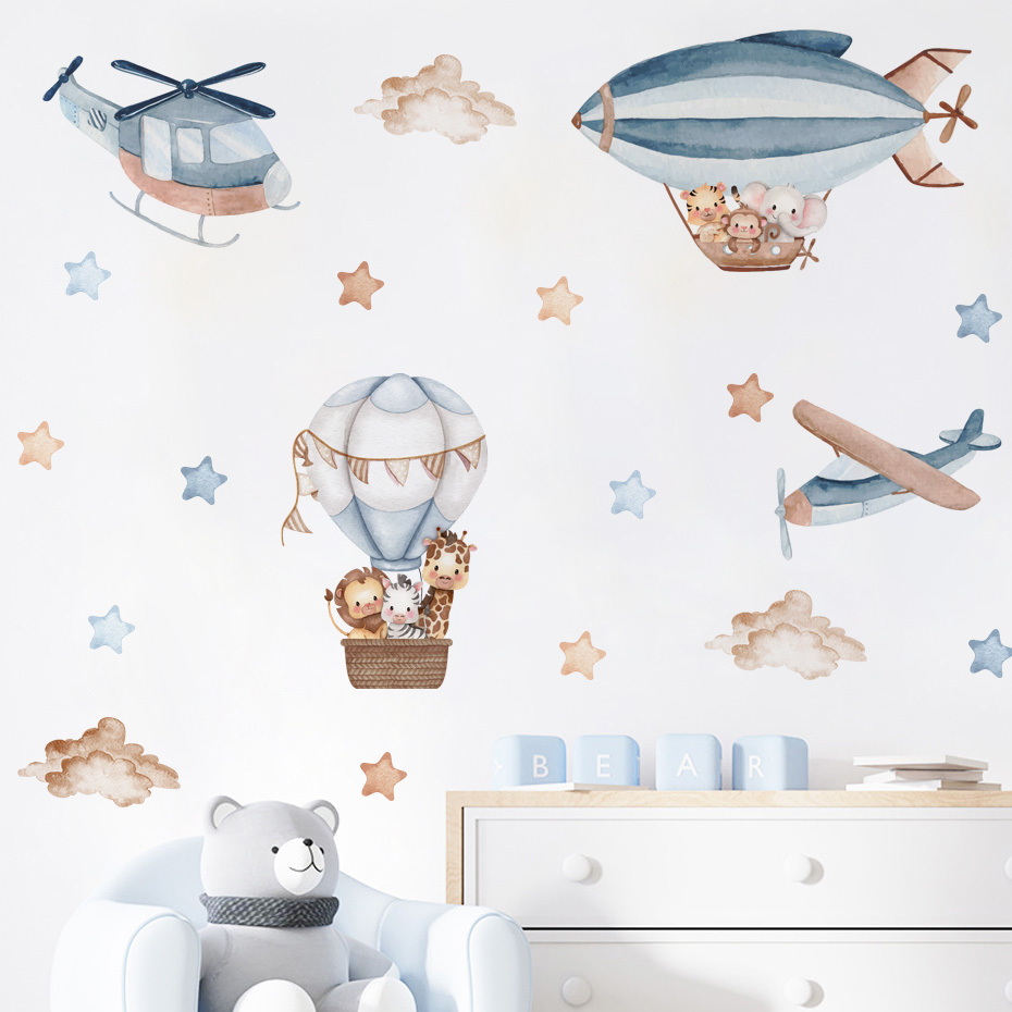Baby Nursery Furniture - Watercolor Animals Hot Air Balloon Clouds