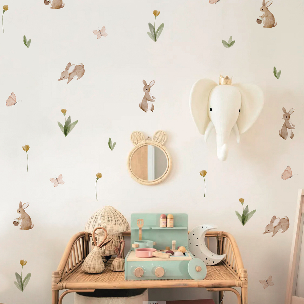 Baby Nursery Wall Stickers - Summertime Watercolor Cute Bunnies and Flowers