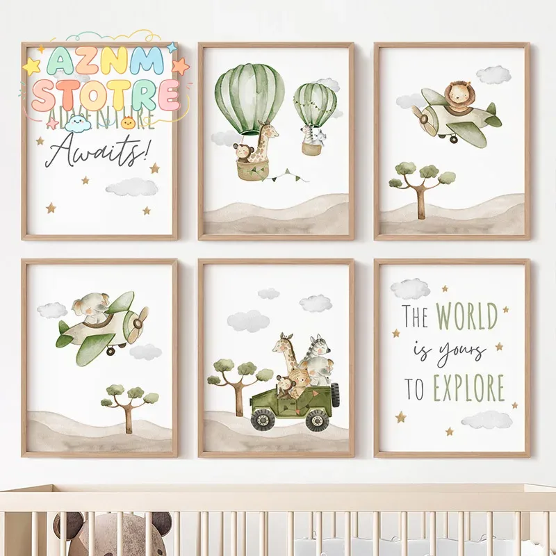 Baby Nursery Animal Prints - Hot Air Balloon Animals Posters Canvas