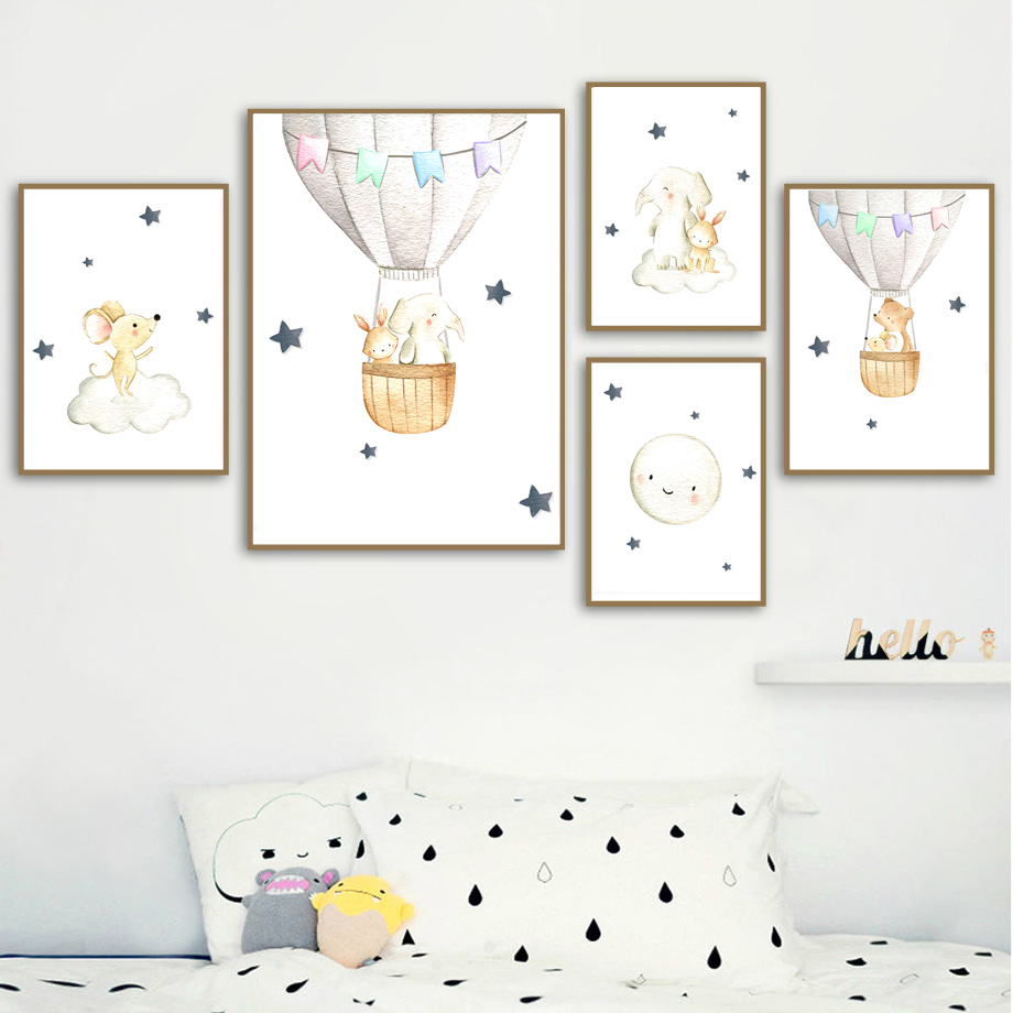 Baby Nursery Elephant - Elephant Rabbit Bear Balloon Moon Nursery