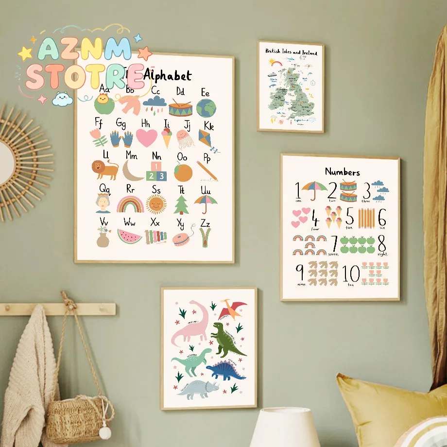 Baby Nursery Animal Prints - Animal World Map Dinosaur Alphabet Number