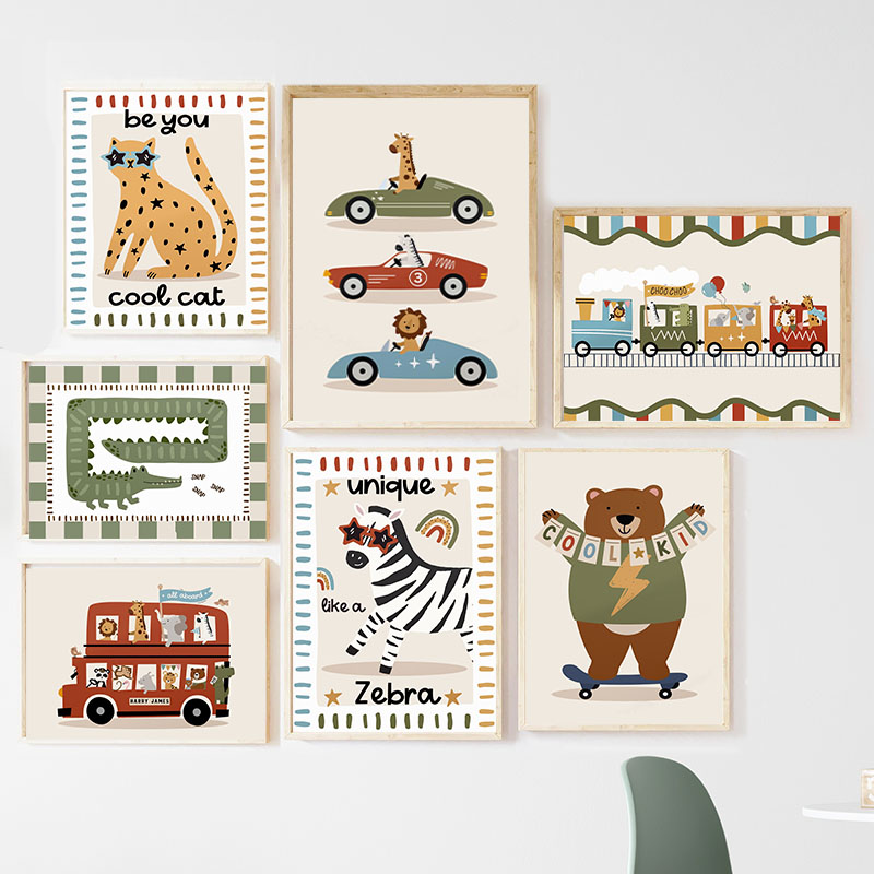 Funny Cartoon Animals Car Bus  - Baby Nursery Animal Prints ulasan dan harga