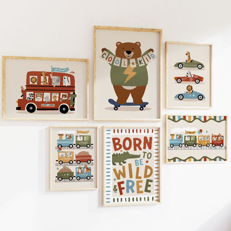Funny Cartoon Animals Car Bus  - Baby Nursery Animal Prints ulasan dan harga