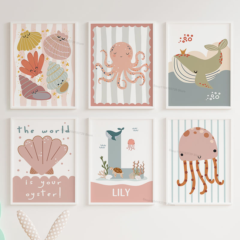 Cartoon Whale Octopus Jellyfis - Baby Nursery Name Wall Art ulasan dan harga