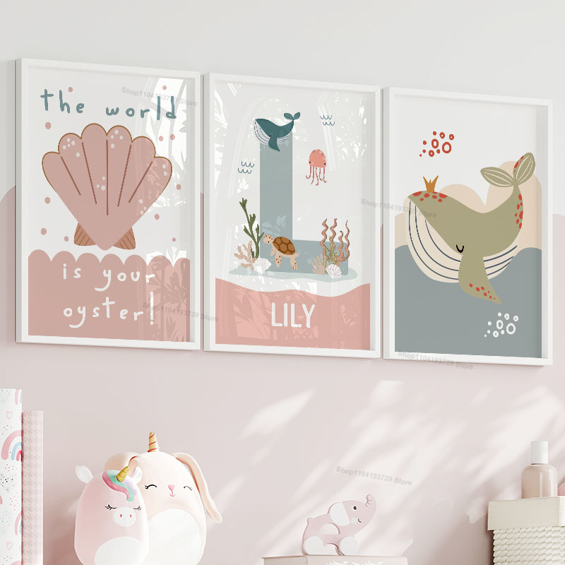Cartoon Whale Octopus Jellyfis - Baby Nursery Name Wall Art ulasan dan harga