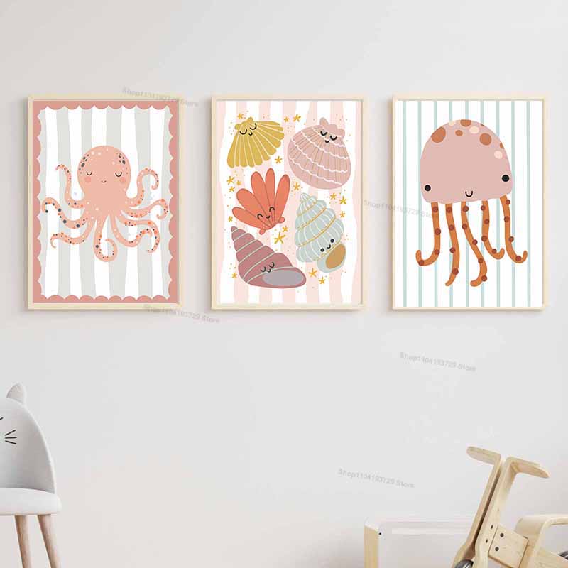 Cartoon Whale Octopus Jellyfis - Baby Nursery Name Wall Art ulasan dan harga