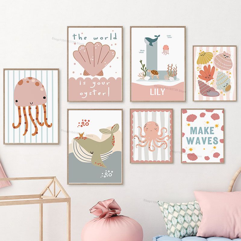 Cartoon Whale Octopus Jellyfis - Baby Nursery Name Wall Art ulasan dan harga