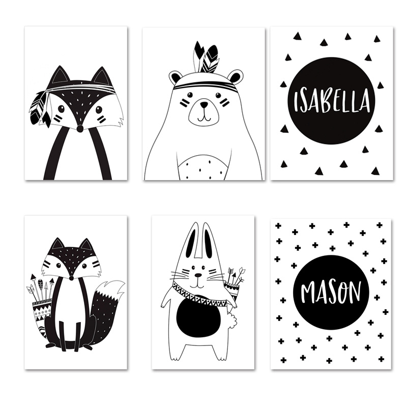 Black White Cartoon Bear Rabbi - Baby Nursery Name Wall Art ulasan dan harga