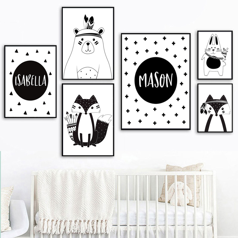 Black White Cartoon Bear Rabbi - Baby Nursery Name Wall Art ulasan dan harga
