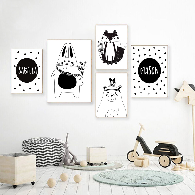 Black White Cartoon Bear Rabbi - Baby Nursery Name Wall Art ulasan dan harga