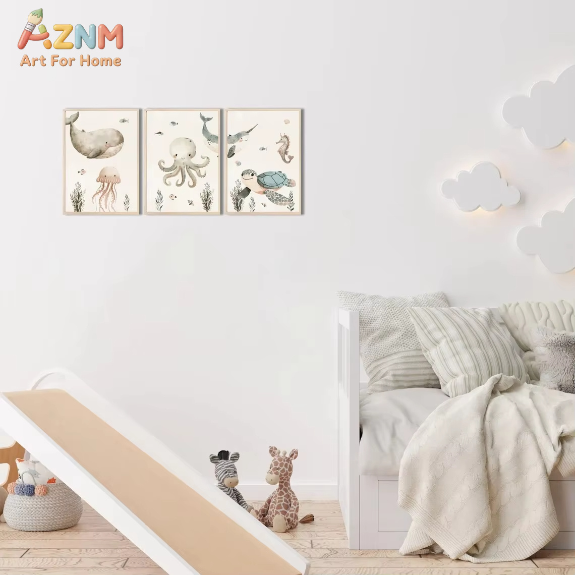 AZNM Watercolor Cute Ocean Ani - Baby Nursery Animal Prints ulasan dan harga