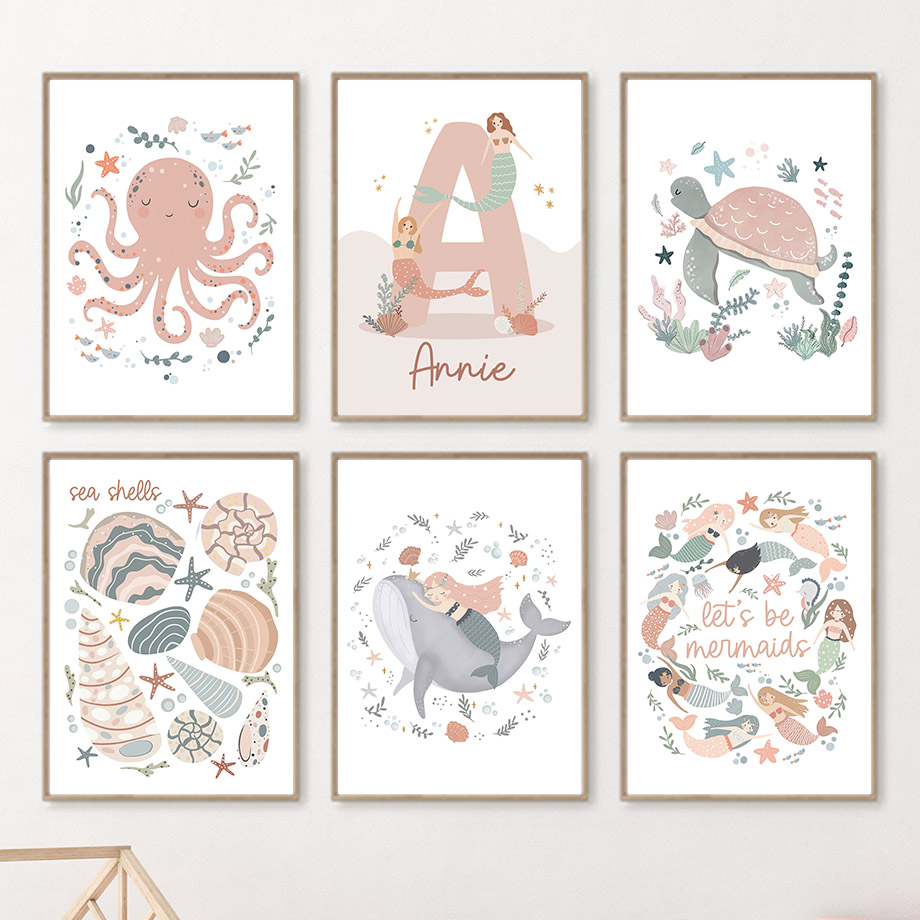 Cartoon Sea Animals Whale Merm - Baby Nursery Name Wall Art ulasan dan harga