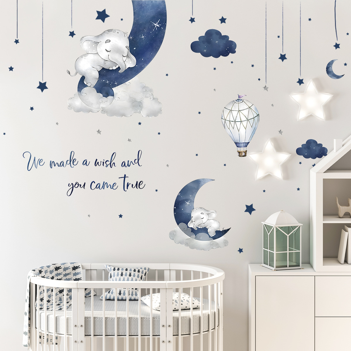 Cartoon Elephant Moon Stars Wa - Baby Nursery Wall Stickers ulasan dan harga