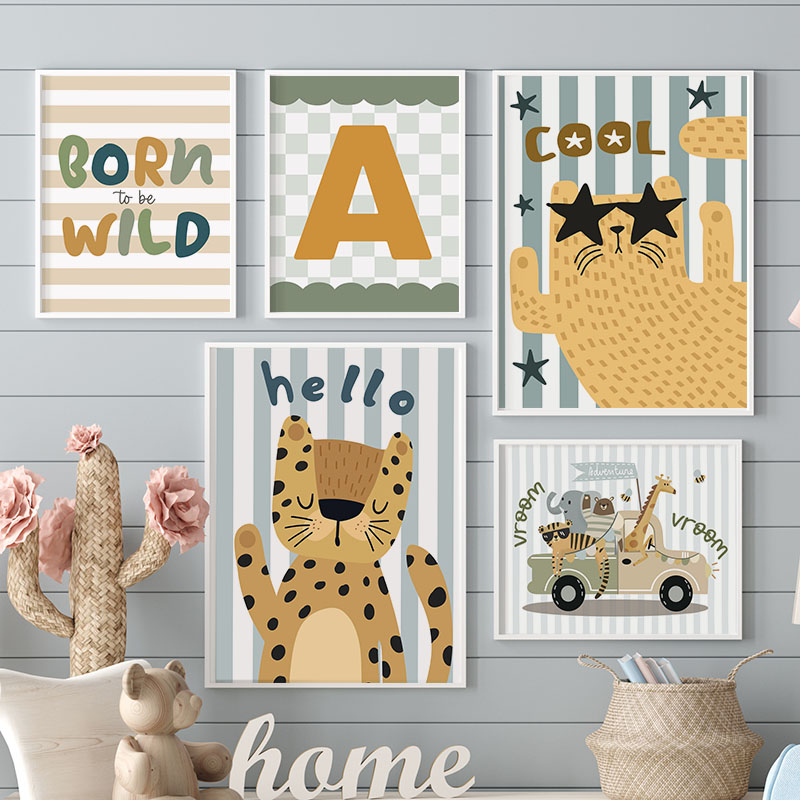 Kawaii Tiger Lion Giraffe Car  - Baby Nursery Name Wall Art ulasan dan harga