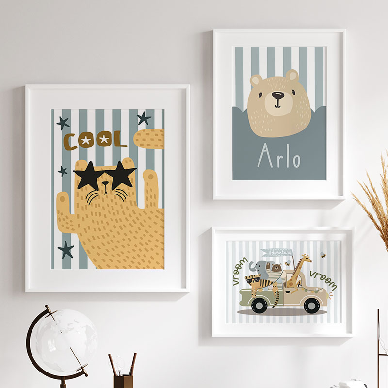 Kawaii Tiger Lion Giraffe Car  - Baby Nursery Name Wall Art ulasan dan harga