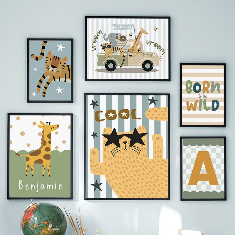 Kawaii Tiger Lion Giraffe Car  - Baby Nursery Name Wall Art ulasan dan harga