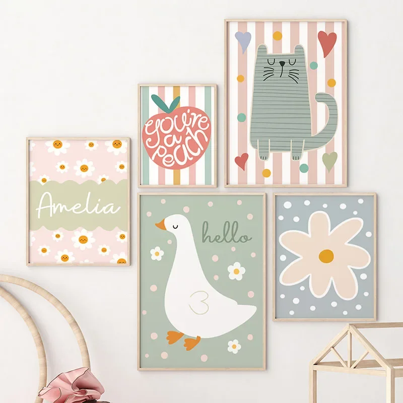 Cartoon Cat Duck Bird Apple Cu - Baby Nursery Name Wall Art ulasan dan harga