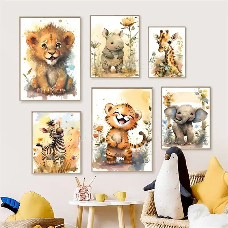 Watercolor Lion Giraffe Tiger  - Baby Nursery Animal Prints ulasan dan harga
