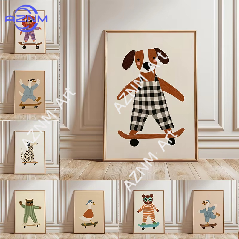 1PC Funny Animal Skateboarding - Baby Nursery Animal Prints ulasan dan harga