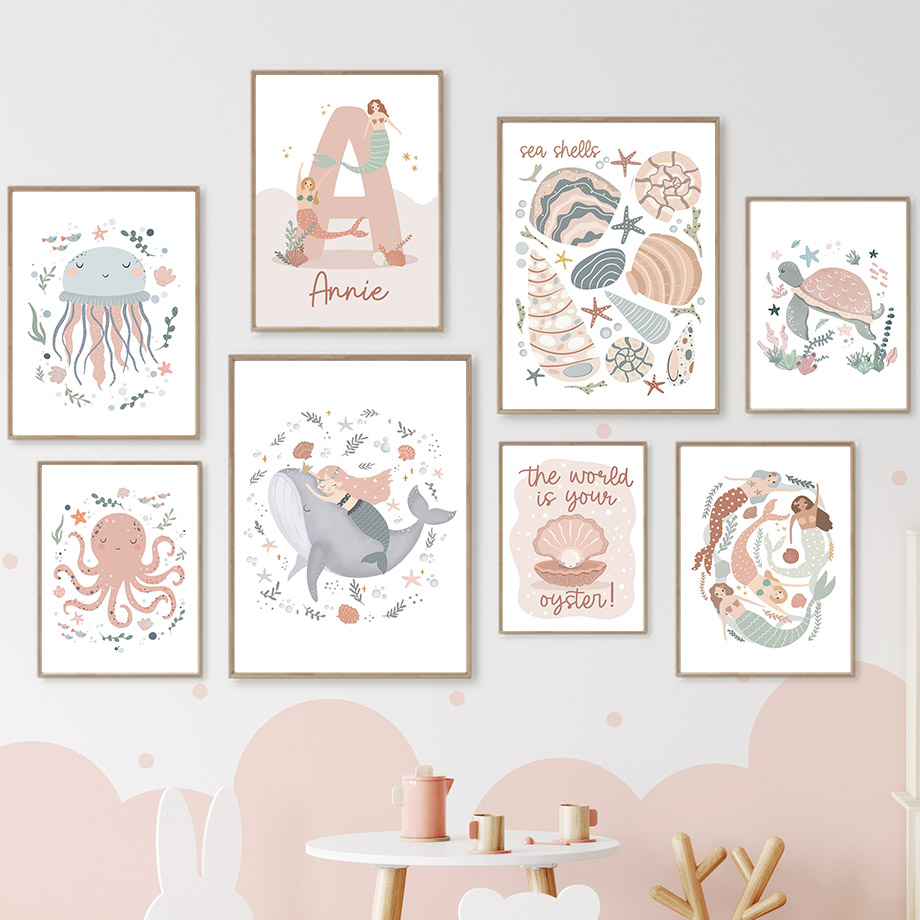 Cartoon Sea Animals Whale Merm - Baby Nursery Name Wall Art ulasan dan harga