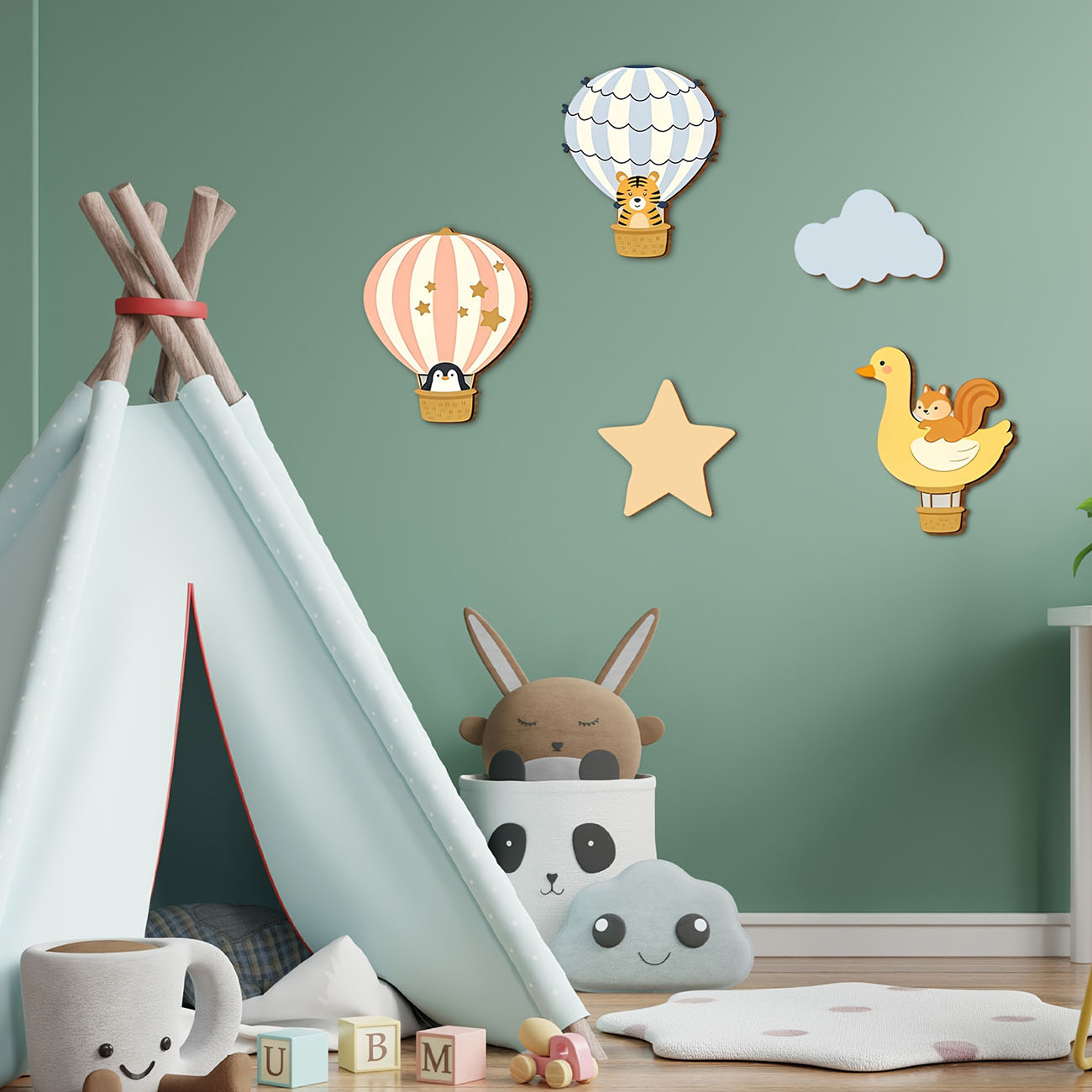 5Pcs Animal Hot Air Balloon Wo - Baby Nursery Wall Stickers ulasan dan harga